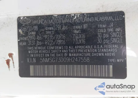 2009 Hyundai Santa Fe Gls from USA, damaged, VIN 5NMSG73D09H247558